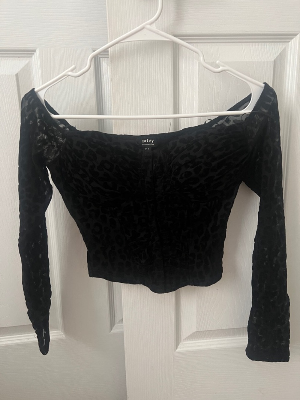 privy Black Off-Shoulder Velvet Flocked Long Sleeve Top
